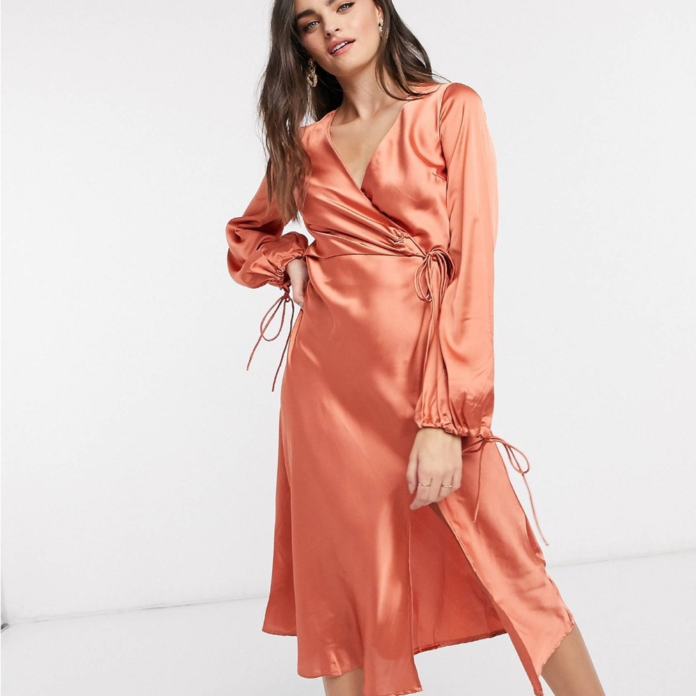 ASOS Satin Wrap Midi Dress in Orange